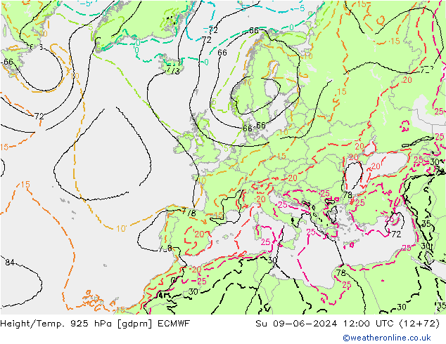 Hoogte/Temp. 925 hPa ECMWF zo 09.06.2024 12 UTC