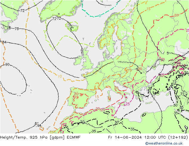 Hoogte/Temp. 925 hPa ECMWF vr 14.06.2024 12 UTC