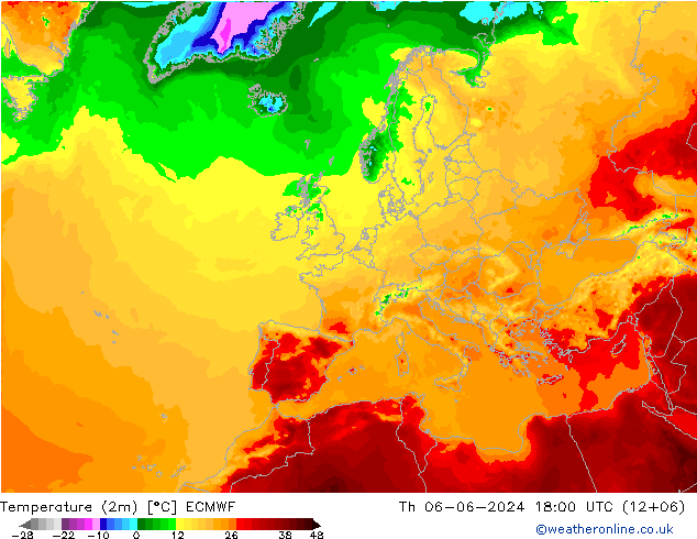 Temperatura (2m) ECMWF gio 06.06.2024 18 UTC