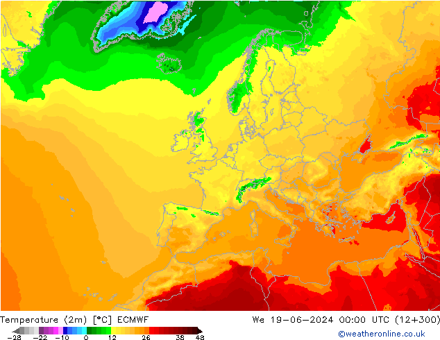 température (2m) ECMWF mer 19.06.2024 00 UTC