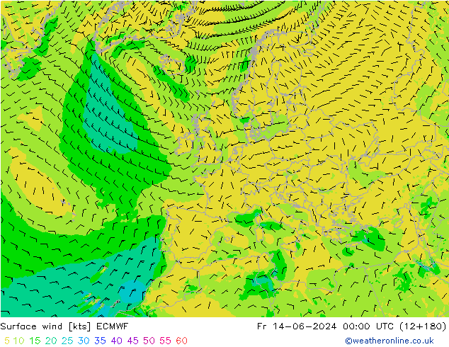 wiatr 10 m ECMWF pt. 14.06.2024 00 UTC