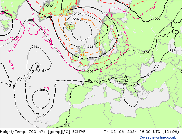 Height/Temp. 700 hPa ECMWF gio 06.06.2024 18 UTC