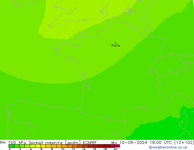 Humedad rel. 700hPa Spread ECMWF lun 10.06.2024 18 UTC