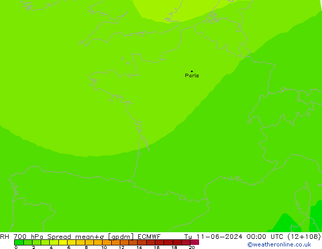 Humedad rel. 700hPa Spread ECMWF mar 11.06.2024 00 UTC