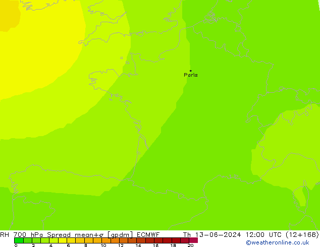 RH 700 hPa Spread ECMWF gio 13.06.2024 12 UTC