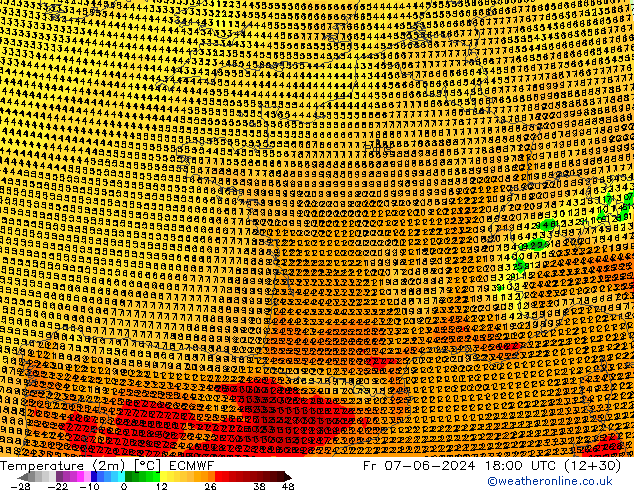 mapa temperatury (2m) ECMWF pt. 07.06.2024 18 UTC