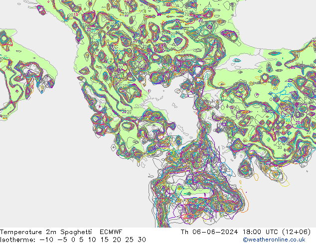 Temperature 2m Spaghetti ECMWF Th 06.06.2024 18 UTC