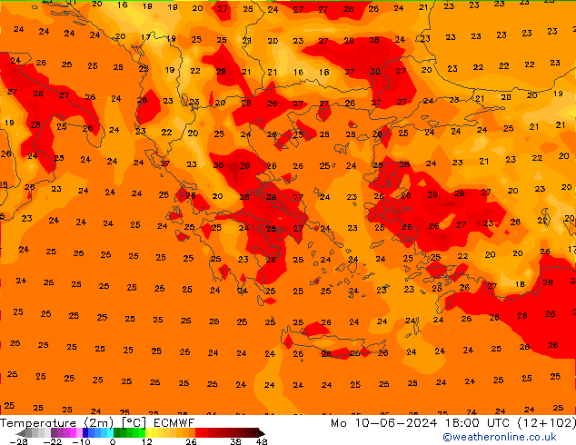 Temperatura (2m) ECMWF Seg 10.06.2024 18 UTC