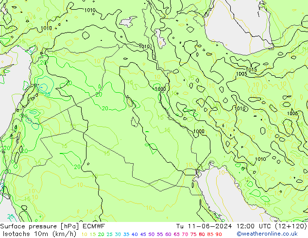 Isotachs (kph) ECMWF Tu 11.06.2024 12 UTC