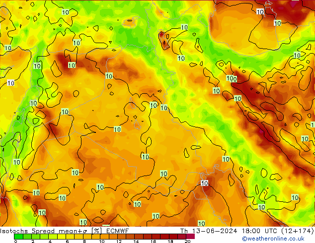 Isotaca Spread ECMWF jue 13.06.2024 18 UTC