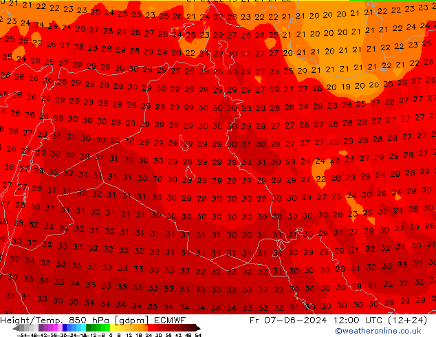 Geop./Temp. 850 hPa ECMWF vie 07.06.2024 12 UTC