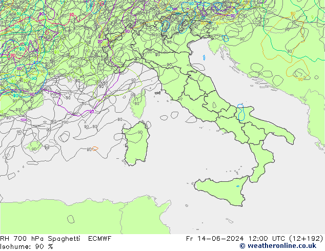 Humidité rel. 700 hPa Spaghetti ECMWF ven 14.06.2024 12 UTC