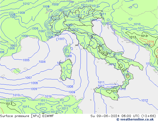 Luchtdruk (Grond) ECMWF zo 09.06.2024 06 UTC