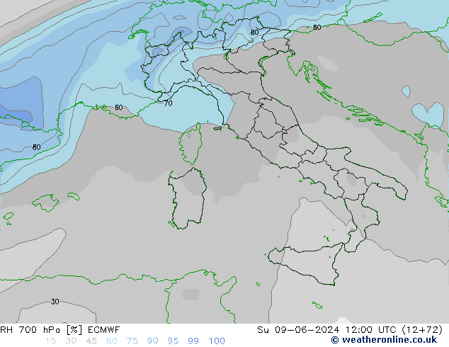 RH 700 гПа ECMWF Вс 09.06.2024 12 UTC