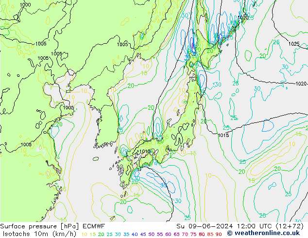 Isotachen (km/h) ECMWF So 09.06.2024 12 UTC