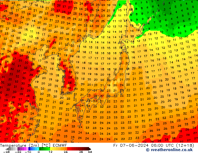 Temperatura (2m) ECMWF ven 07.06.2024 06 UTC