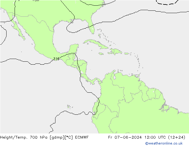 Height/Temp. 700 hPa ECMWF Fr 07.06.2024 12 UTC