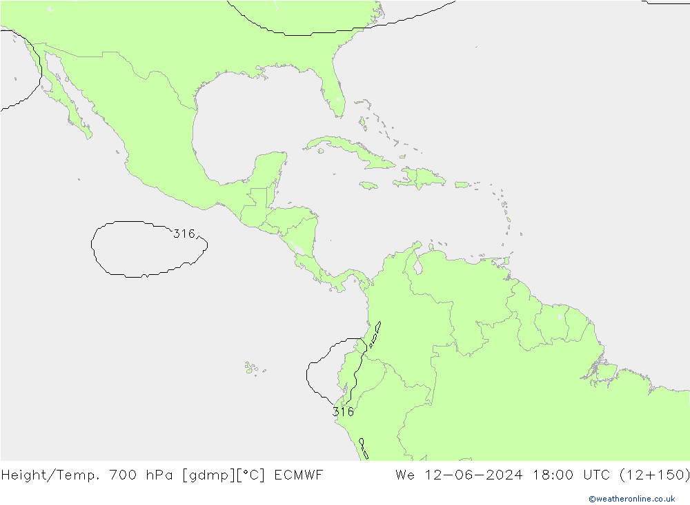 Height/Temp. 700 hPa ECMWF St 12.06.2024 18 UTC