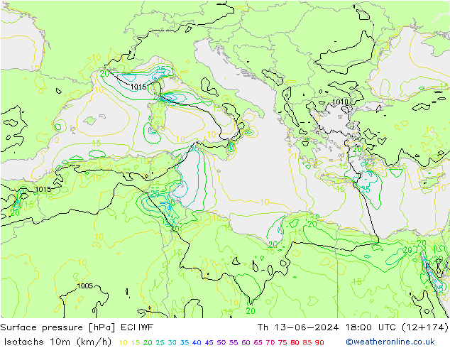 Isotachs (kph) ECMWF Qui 13.06.2024 18 UTC