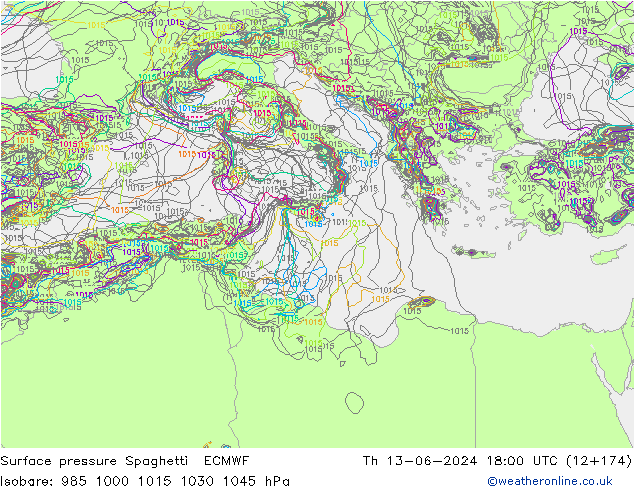 Surface pressure Spaghetti ECMWF Th 13.06.2024 18 UTC