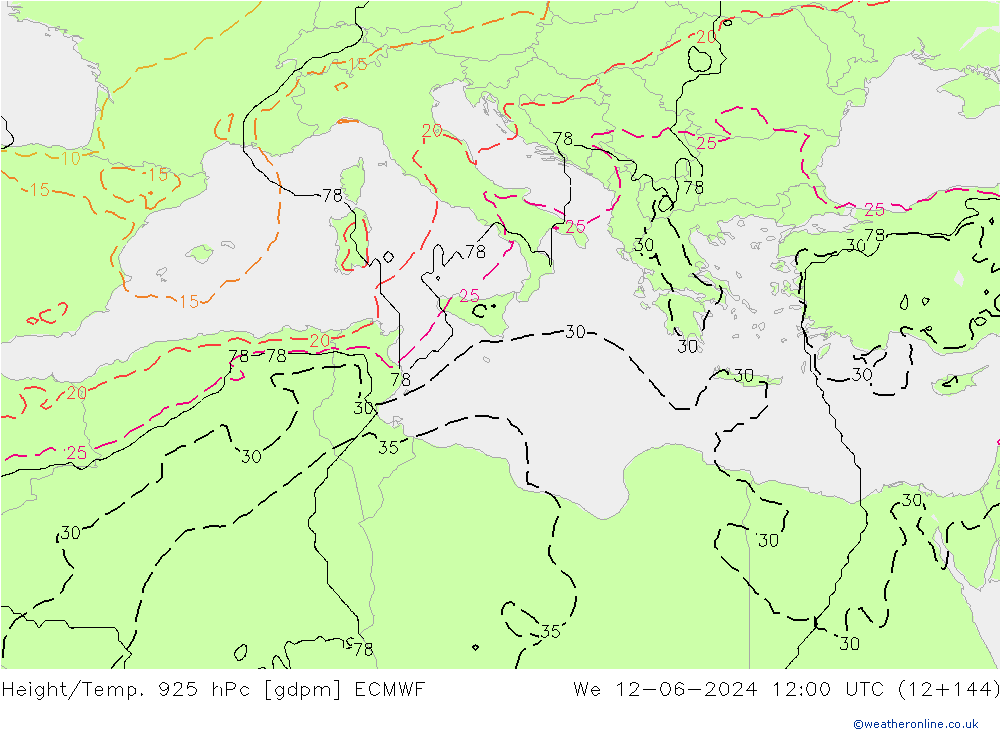 Height/Temp. 925 hPa ECMWF We 12.06.2024 12 UTC