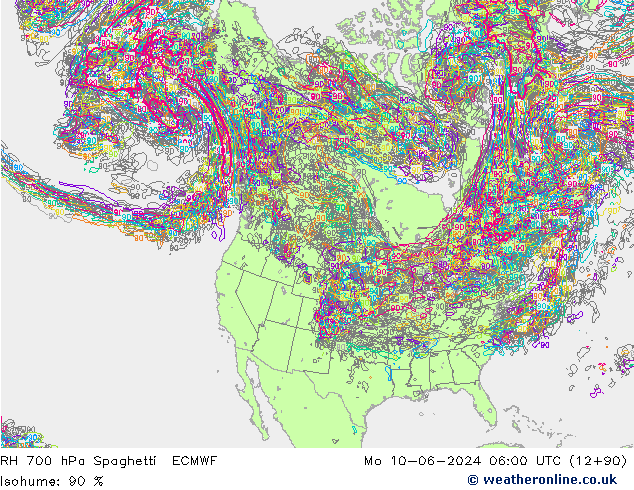 RH 700 hPa Spaghetti ECMWF Mo 10.06.2024 06 UTC