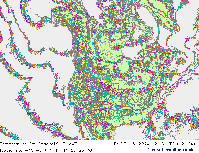 Temperatura 2m Spaghetti ECMWF Sex 07.06.2024 12 UTC