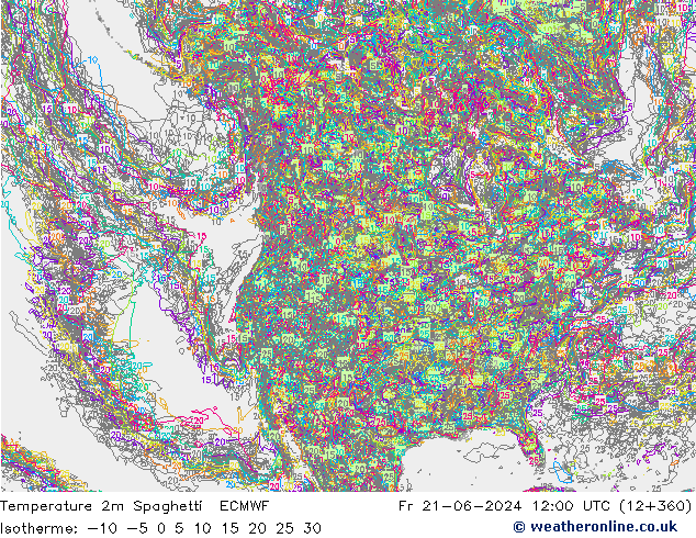 Temperature 2m Spaghetti ECMWF Fr 21.06.2024 12 UTC