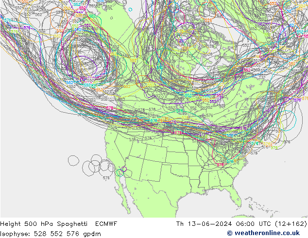 Height 500 hPa Spaghetti ECMWF Th 13.06.2024 06 UTC