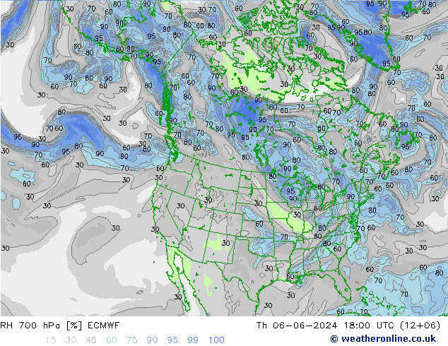 Humedad rel. 700hPa ECMWF jue 06.06.2024 18 UTC