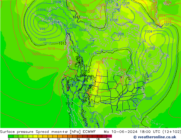 Surface pressure Spread ECMWF Mo 10.06.2024 18 UTC