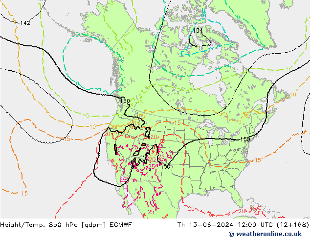 Height/Temp. 850 hPa ECMWF czw. 13.06.2024 12 UTC