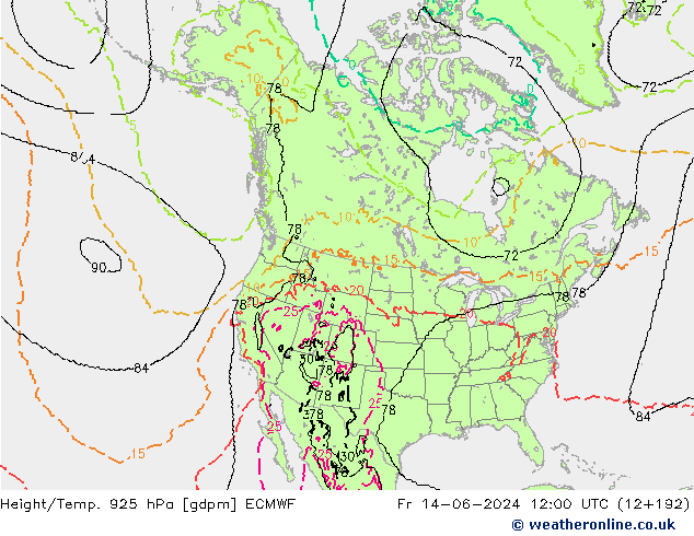 Height/Temp. 925 hPa ECMWF Fr 14.06.2024 12 UTC