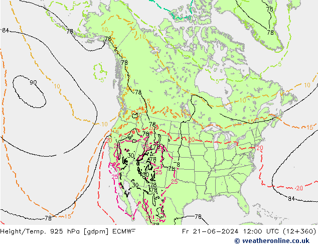 Height/Temp. 925 hPa ECMWF Fr 21.06.2024 12 UTC