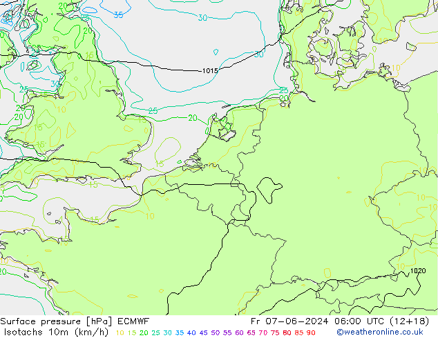 Isotachen (km/h) ECMWF vr 07.06.2024 06 UTC