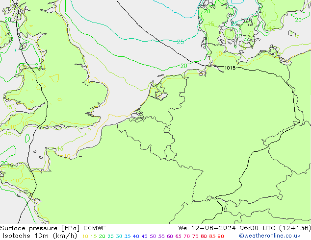 Isotachs (kph) ECMWF mer 12.06.2024 06 UTC