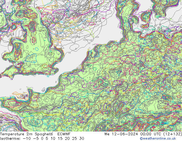 Temperatura 2m Spaghetti ECMWF Qua 12.06.2024 00 UTC