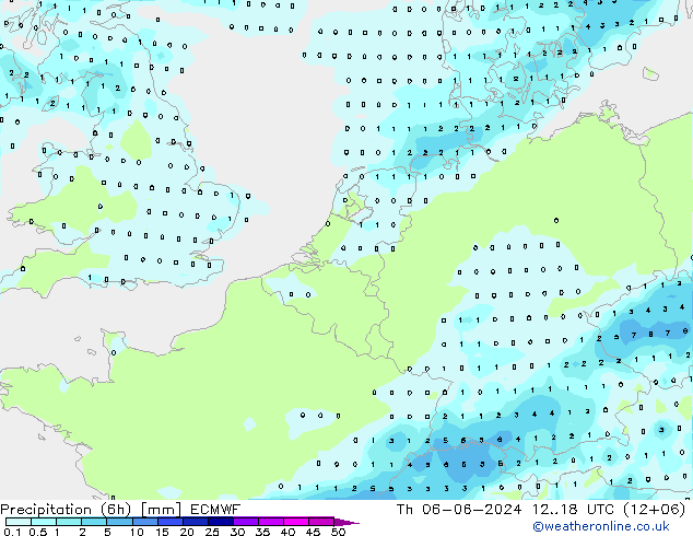 Totale neerslag (6h) ECMWF do 06.06.2024 18 UTC