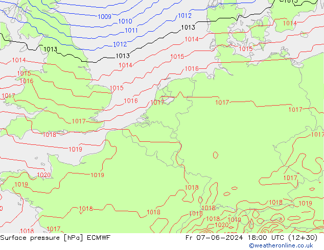 Presión superficial ECMWF vie 07.06.2024 18 UTC