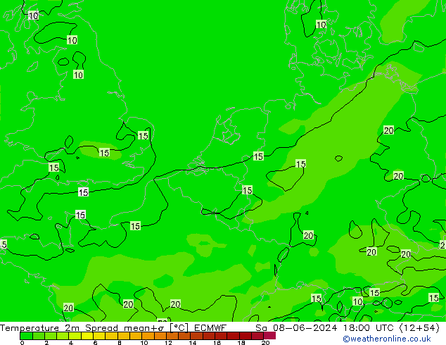 карта температуры Spread ECMWF сб 08.06.2024 18 UTC