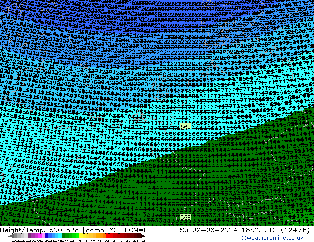 Height/Temp. 500 hPa ECMWF Su 09.06.2024 18 UTC