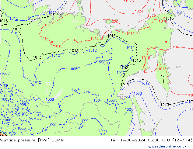 Surface pressure ECMWF Tu 11.06.2024 06 UTC