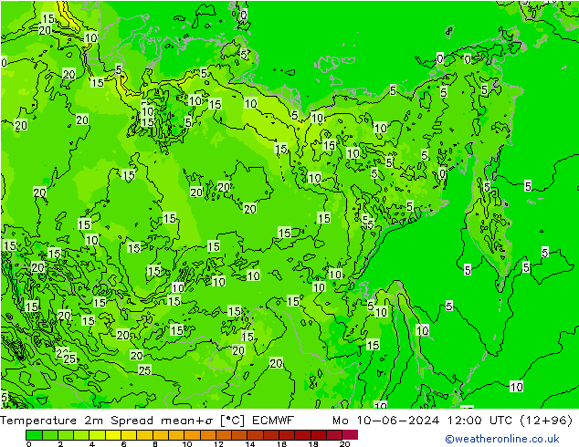 mapa temperatury 2m Spread ECMWF pon. 10.06.2024 12 UTC