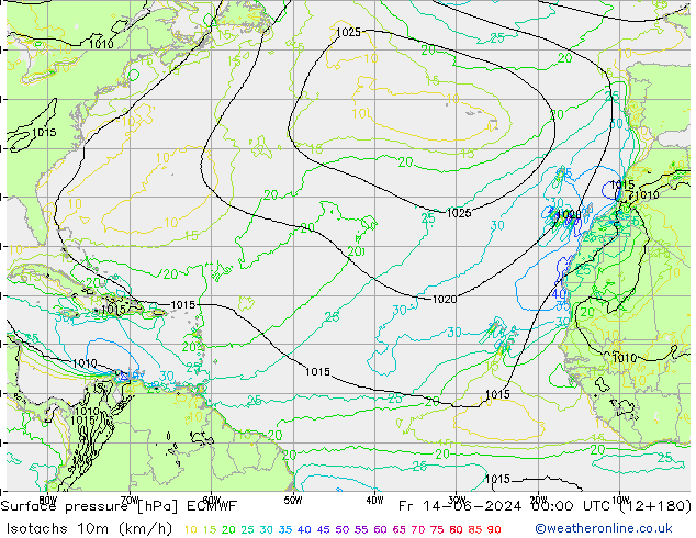 Isotachs (kph) ECMWF Fr 14.06.2024 00 UTC