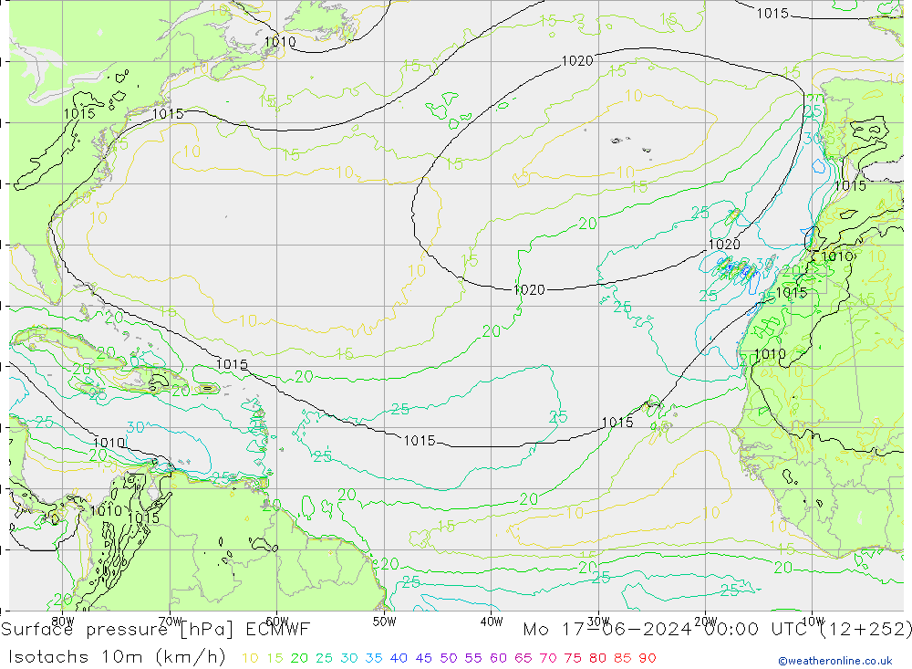 Isotachs (kph) ECMWF  17.06.2024 00 UTC