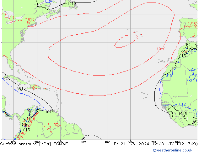 Presión superficial ECMWF vie 21.06.2024 12 UTC