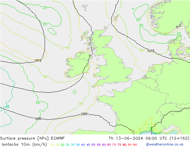 Isotachs (kph) ECMWF Qui 13.06.2024 06 UTC