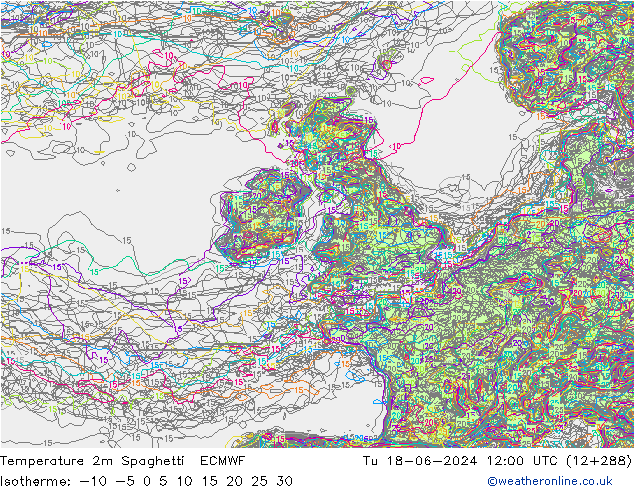 карта температуры Spaghetti ECMWF вт 18.06.2024 12 UTC