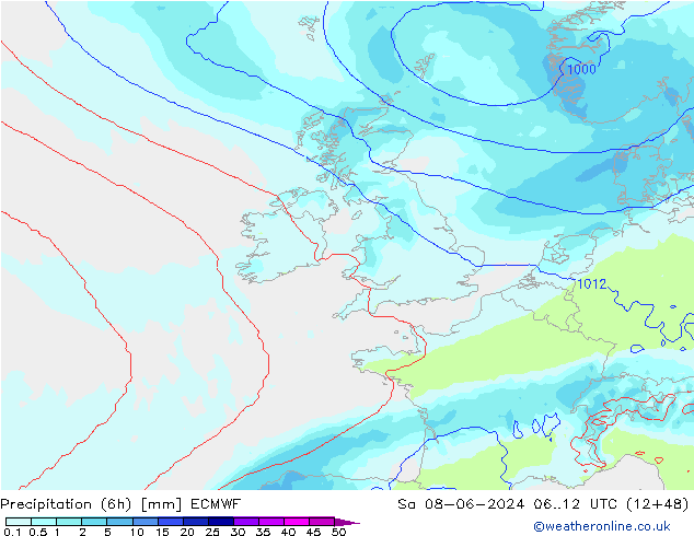 Totale neerslag (6h) ECMWF za 08.06.2024 12 UTC