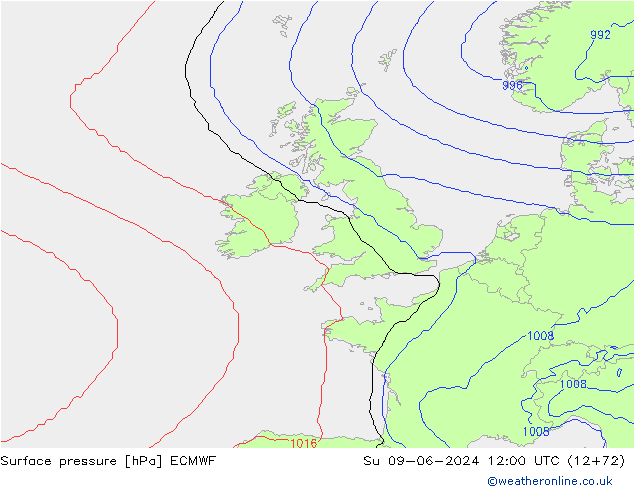 Atmosférický tlak ECMWF Ne 09.06.2024 12 UTC